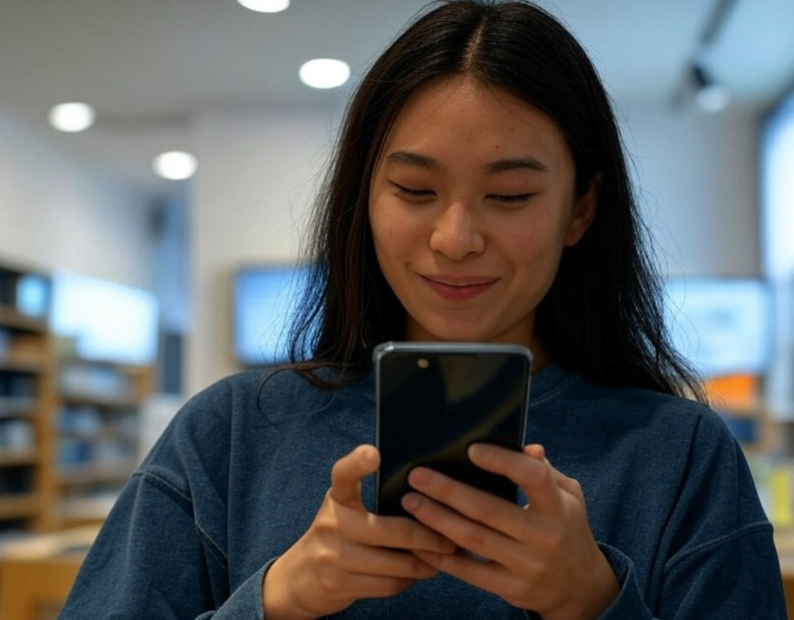 Asian woman holding a cellphone
