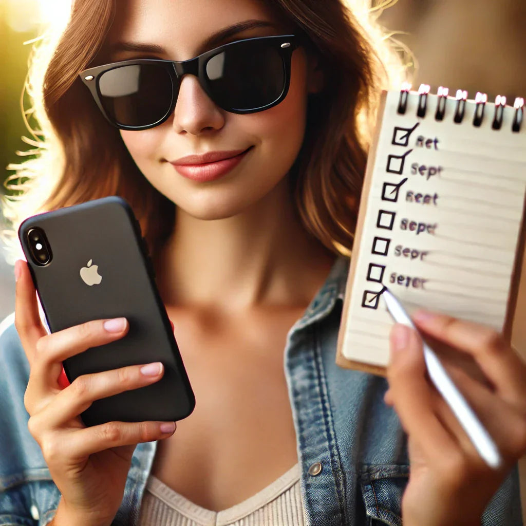 Personne comparant un iPhone tout en cochant une liste, illustrant le choix entre iPhone simple, Pro et Pro Max en 2025.