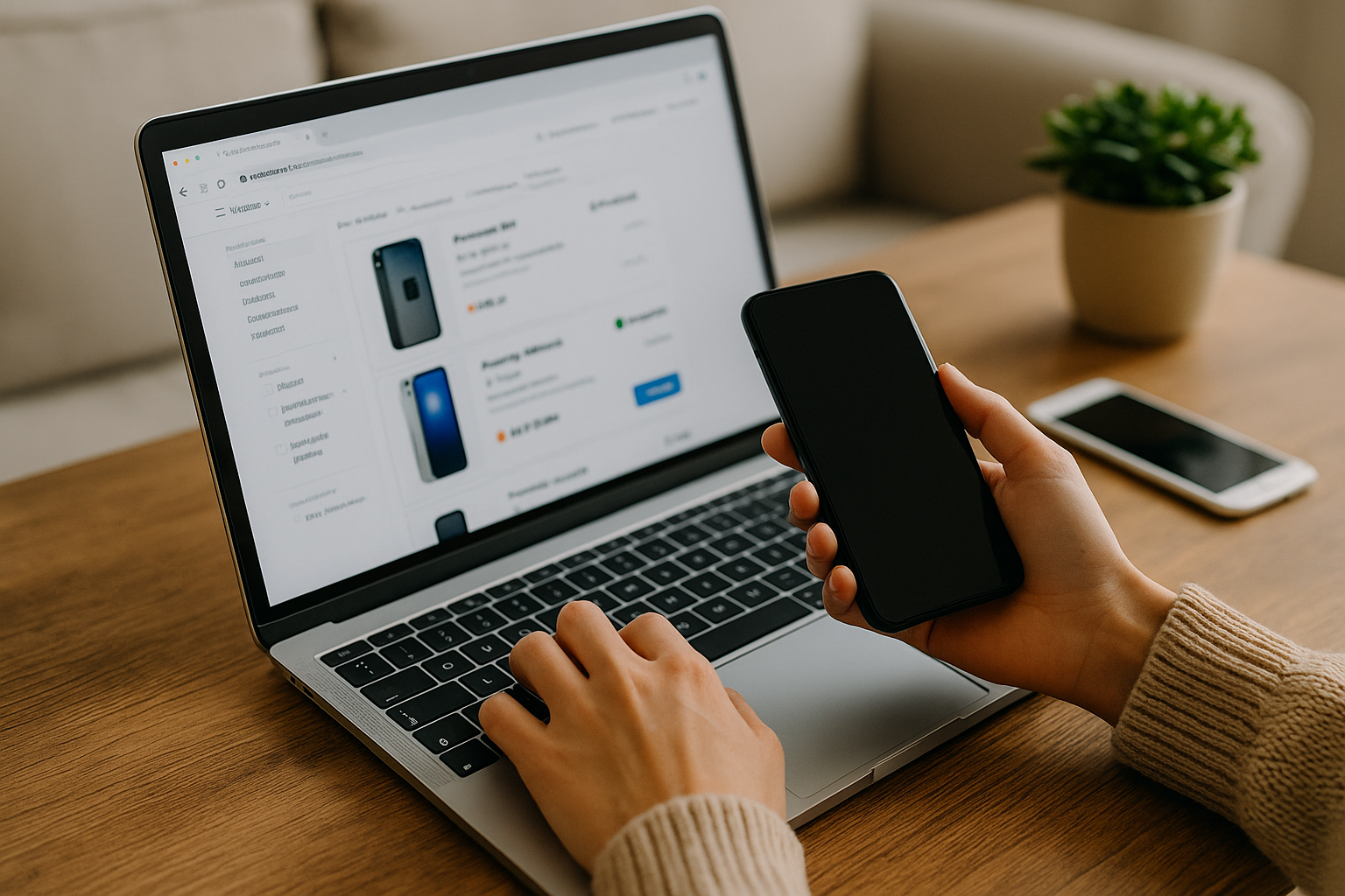 Une personne consulte un site web de cellulaire remis à neuf