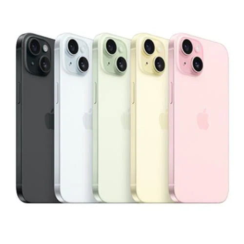 Image montrant une collection de plusieurs modèles d'iPhone, disposés en ligne et présentant une variété de couleurs, incluant le noir, le blanc, le vert, le jaune et le rose, tous avec le logo de la pomme d'Apple visible au centre de chaque appareil.