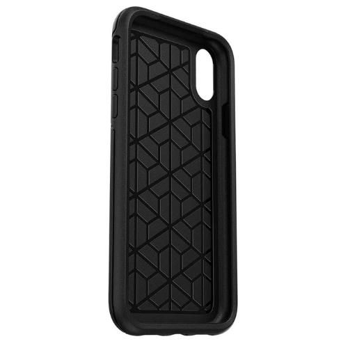 Vue intérieure d'un étui Otterbox série Symmetry pour un Téléphone Cellulaire iPhone montrant une structure noire avec un motif géométrique pour l'absorption des chocs et une découpe sur le côté pour la caméra de l'iPhone.