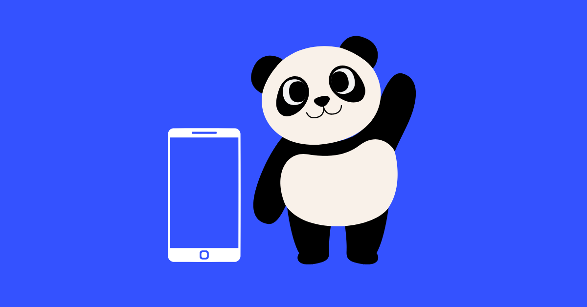 Mascotte panda souriante aux côtés d’un téléphone cellulaire sur fond bleu, illustrant l’image sympathique et accessible de la marque AcheteTonCell spécialisée dans la vente de cellulaires remis à neuf.