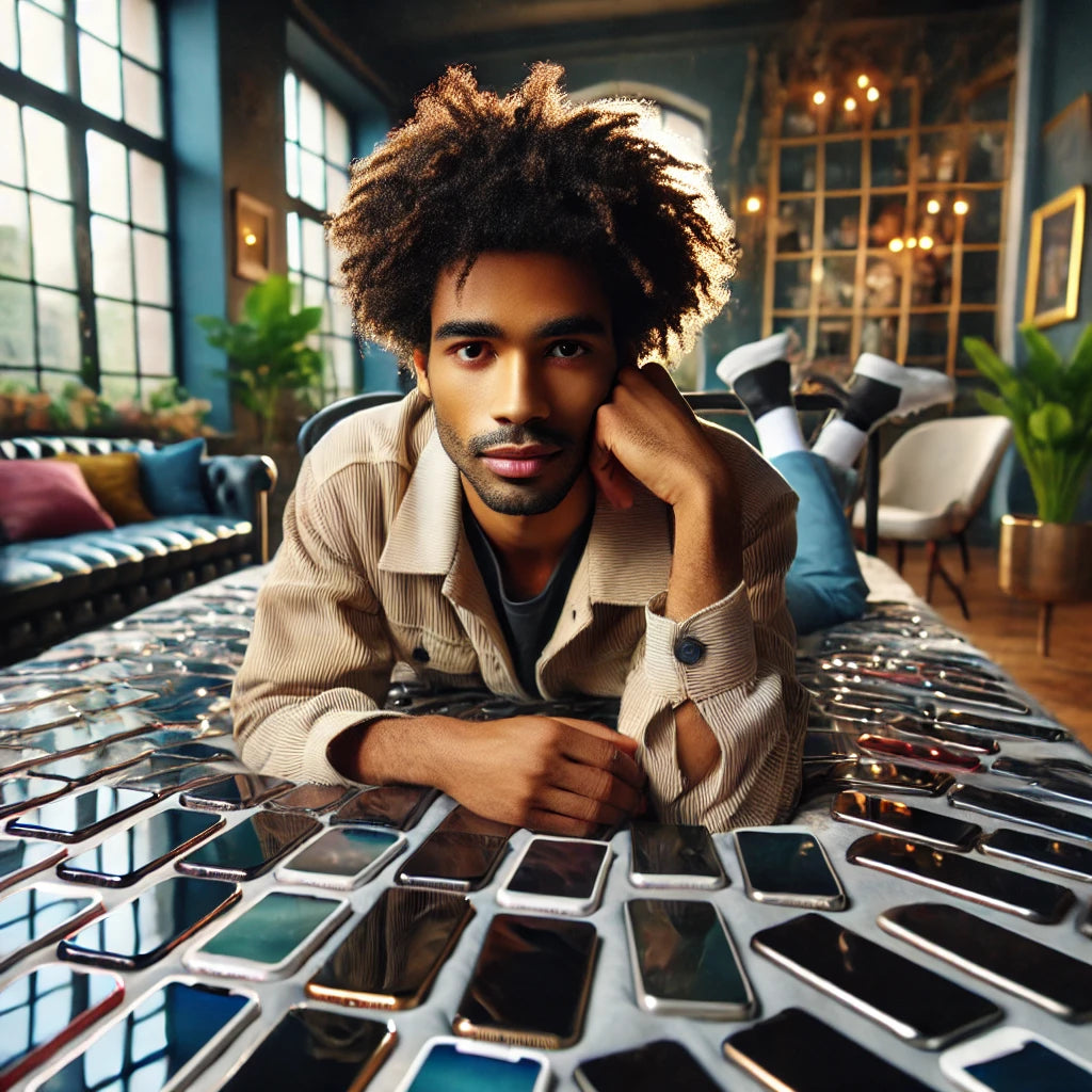 Young African man lying on a bed covered with iPhones and Samsung phones, showcasing second-hand, refurbished, and used cellphones. Modern stylish bedroom setting