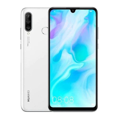 Huawei P30 Lite blanc avec double caméra et écran Dewdrop.