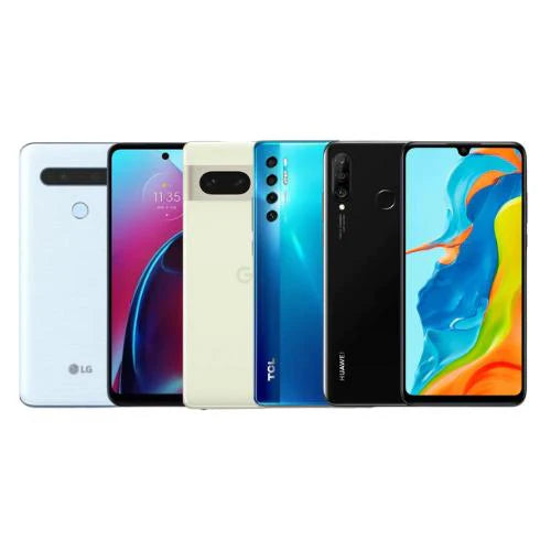  Cinq smartphones Android variés : LG blanc, Motorola coloré, Google Pixel beige, Xiaomi bleu, Huawei vibrant, tous avec des designs uniques.