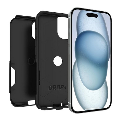 Composants d'un étui Otterbox série Commuter pour Téléphone Cellulaire iPhone démontés et alignés, montrant la coque interne solide, la couverture externe noire avec la mention DROP+ et le cadre de l'écran, avec un iPhone affichant un fond d'écran bleu clair.