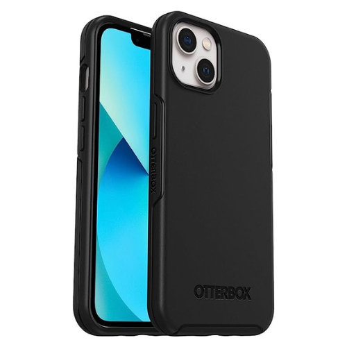  Téléphone Cellulaire iPhone avec un étui protecteur noir de la série Otterbox Symmetry, montrant un design élégant et fin tout en offrant une protection robuste, avec des boutons latéraux accessibles et un large espace pour la caméra arrière.