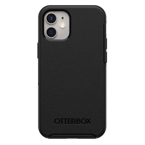 Vue arrière d'un Téléphone Cellulaire iPhone dans un étui Otterbox série Symmetry noir, mettant en évidence la caméra arrière à double objectif, le logo Otterbox en bas, et une surface texturée pour une meilleure prise en main.