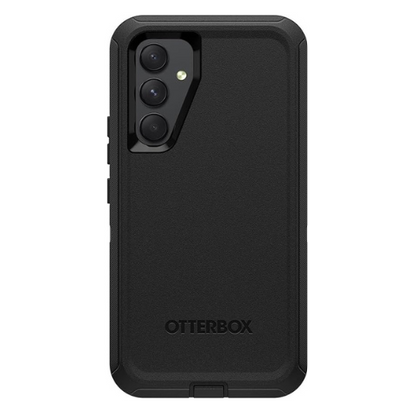 Vue arrière d'un Téléphone Cellulaire Samsung Galaxy dans un étui protecteur Otterbox série Defender noir, avec des contours surélevés autour de la caméra triple et le logo Otterbox en bas au centre.