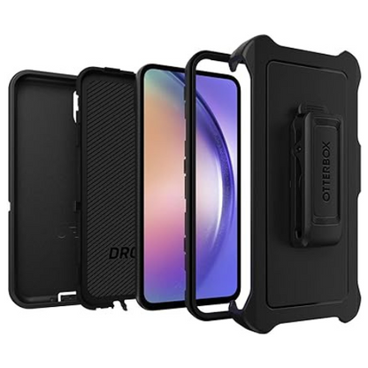 Étui Otterbox série Defender pour un Téléphone Cellulaire Samsung décomposé en trois parties, avec la coque interne, le cadre de protection de l'écran, et la pince de ceinture, entourant un Samsung Galaxy affichant un écran coloré.