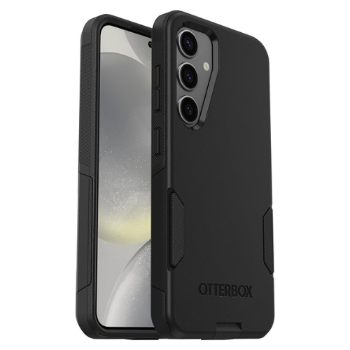 Téléphone Cellulaire Samsung Galaxy dans un étui Otterbox série Commuter noir, présentant une conception bimatière avec des grips latéraux pour une prise en main sûre et des découpes précises pour la caméra triple et les ports.