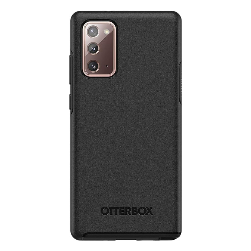 Téléphone Cellulaire Samsung Galaxy protégé par un étui Otterbox série Symmetry noir, affichant un design épuré avec une surface texturée, le logo Otterbox et une découpe pour la caméra et ses capteurs.